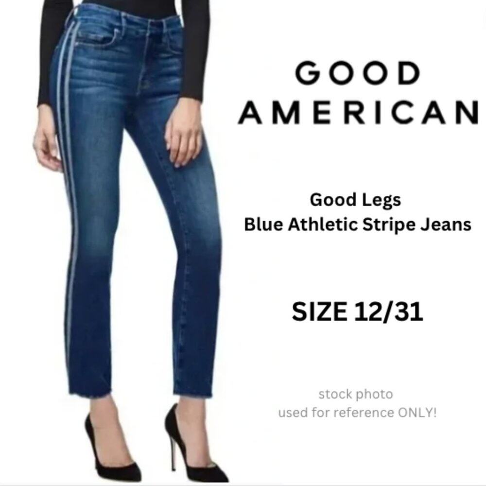 Good American Good Legs Straight Jean Athletic Silver Stripe Blue 122 - sz 12/31